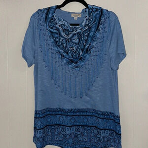 One World Blue Top with Boho Print & Matching Scarf With Fringe Sz M